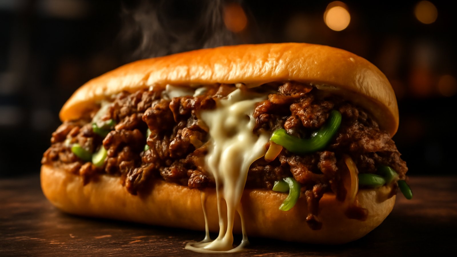 Philadelphia cheesesteak with melted cheese, sauteed peppers and onions on a hoagie roll